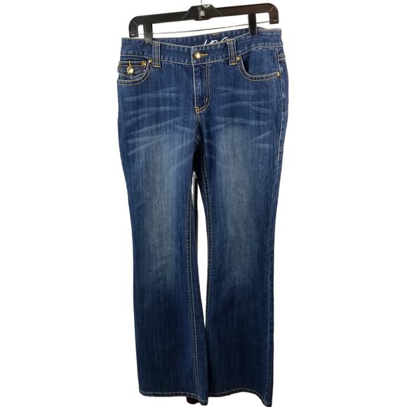 INC Denim Blue Jeans Gold Trim Rhinestone Buttons Flap Pockets Boot Flare 8 - Picture 1 of 6